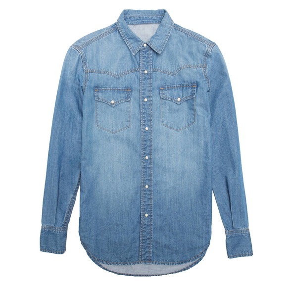 NEW DSTLD Blue Denim Long Sleeve Pearl Snap Shirt in Light Vintage Sz S MSRP $75 - Picture 3 of 9